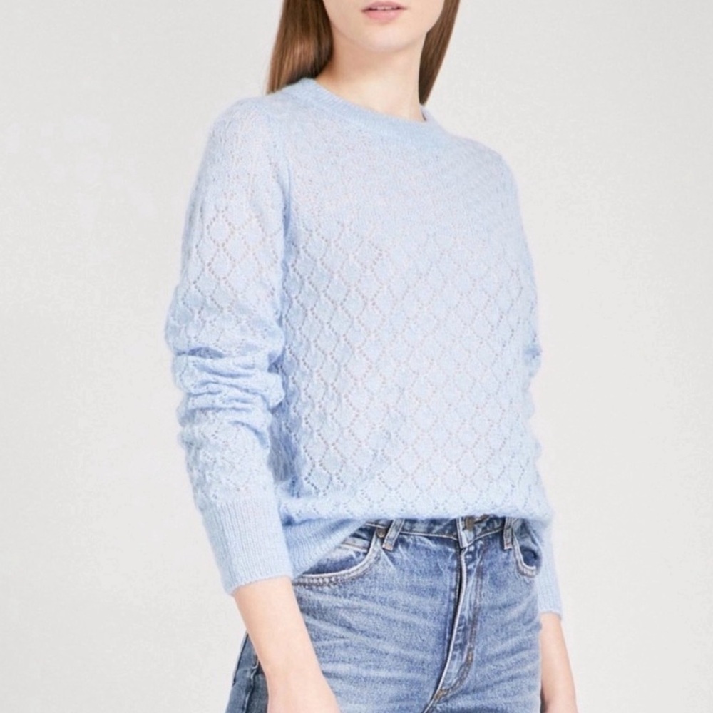 Sandro Pointelle Decorative Mohair Silk Blue open Knit sweater size small - Picture 3 of 10